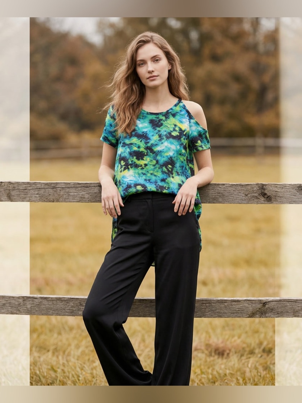 under.ligne Blue Green Tie-Dye Cold-Shoulder Silk Blouse